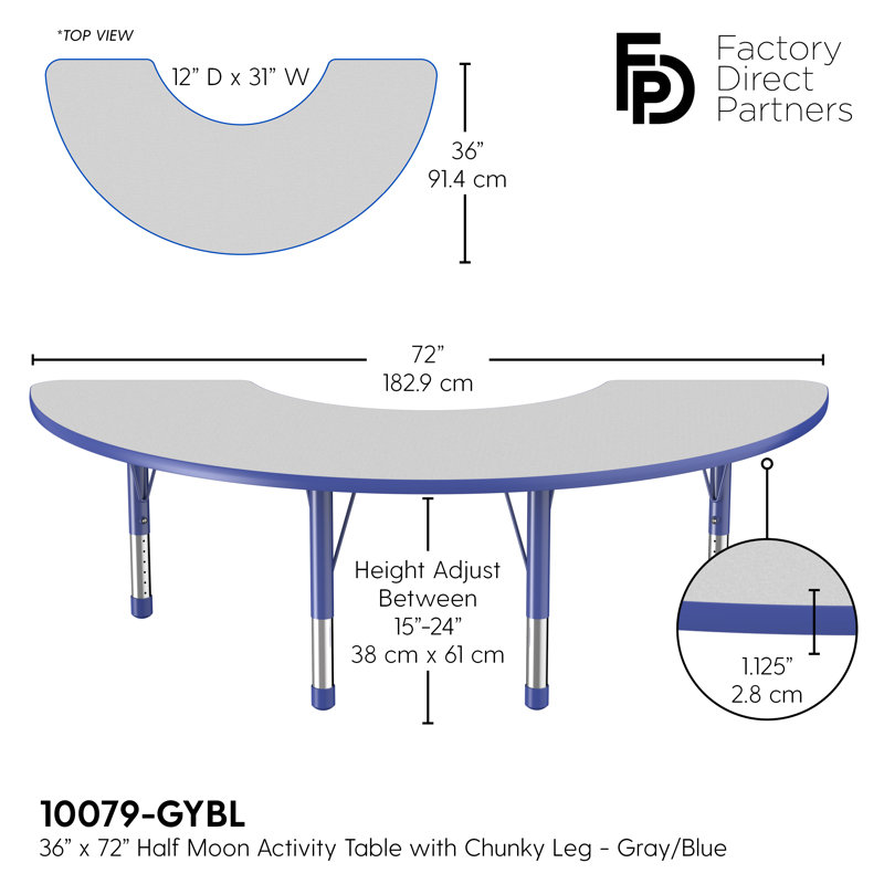 Table d'activité demi-lune 36 "x 72" avec pieds réglables, Gris / bleu, Épais