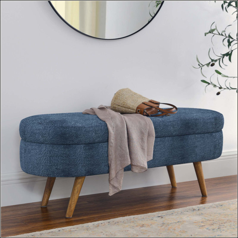 Oval Storage Ottoman Bench With Rubber Wood Legs, Fabric, Multi-Functional And Stylish For Modern Interiors, Dark Blue