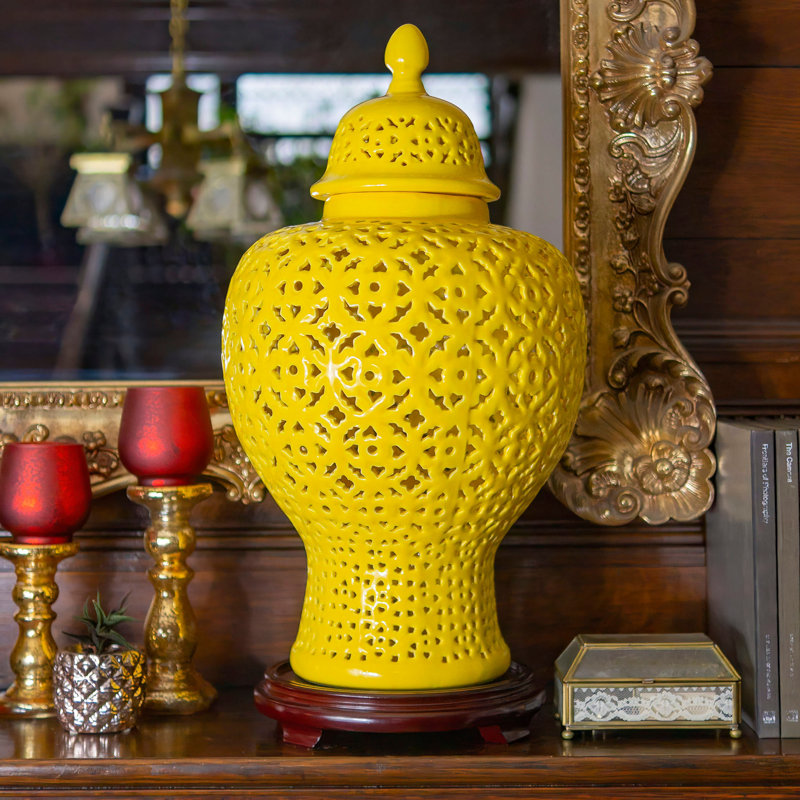 25" Carved Temple Jar - Celadon, Yellow