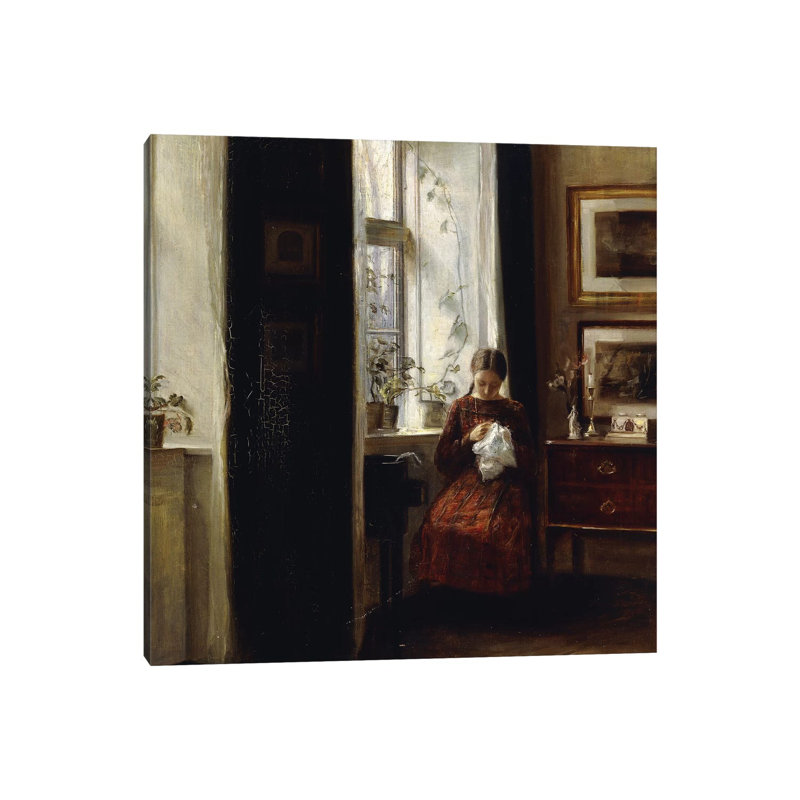 A Young Girl Sewing by Carl Holsoe - Wrapped Canvas Painting, 30.48 cm H x 30.48 cm W