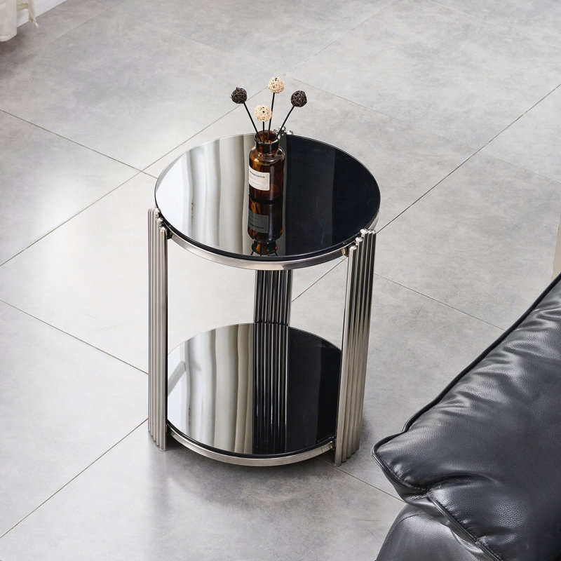 Table de bout moderne 16,90 pouces, table de chevet, verre noir trempé double couche et table de salon en acier inoxydable argenté, table ronde, assemblage facile.