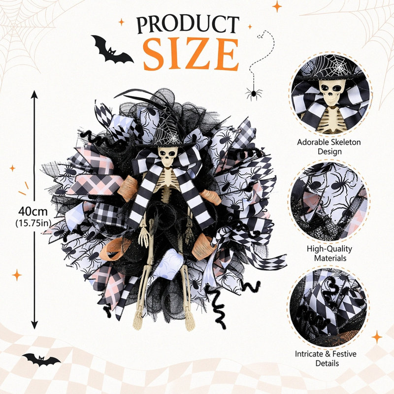 Couronne squelette d'Halloween 15,75 pouces avec ruban à carreaux et filet araignée pour décor de porte d'entrée