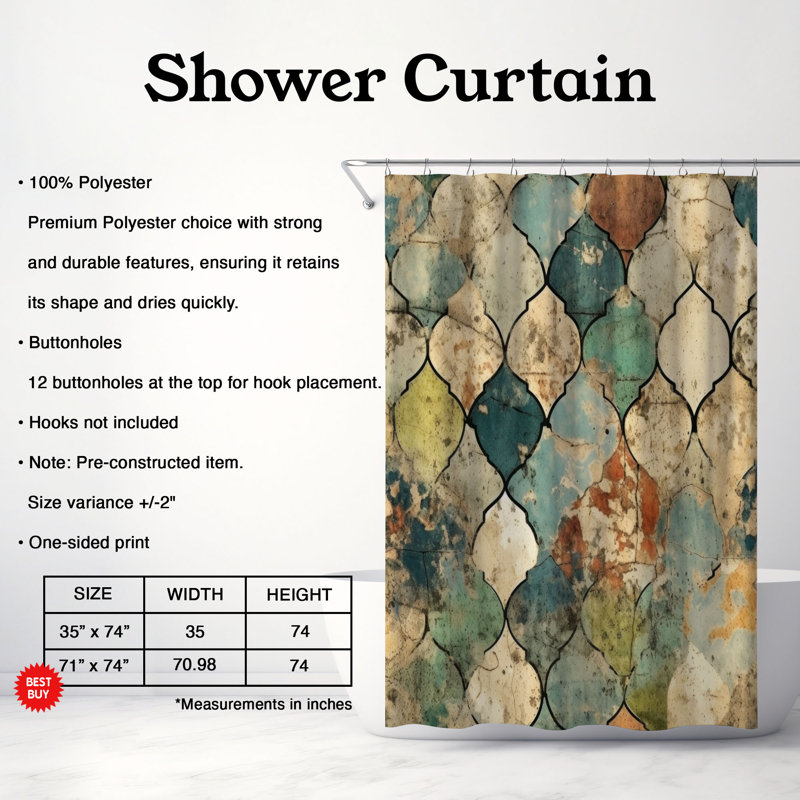 Antique Tiles - Rideau de douche Premium, H 74 po x l 71 po