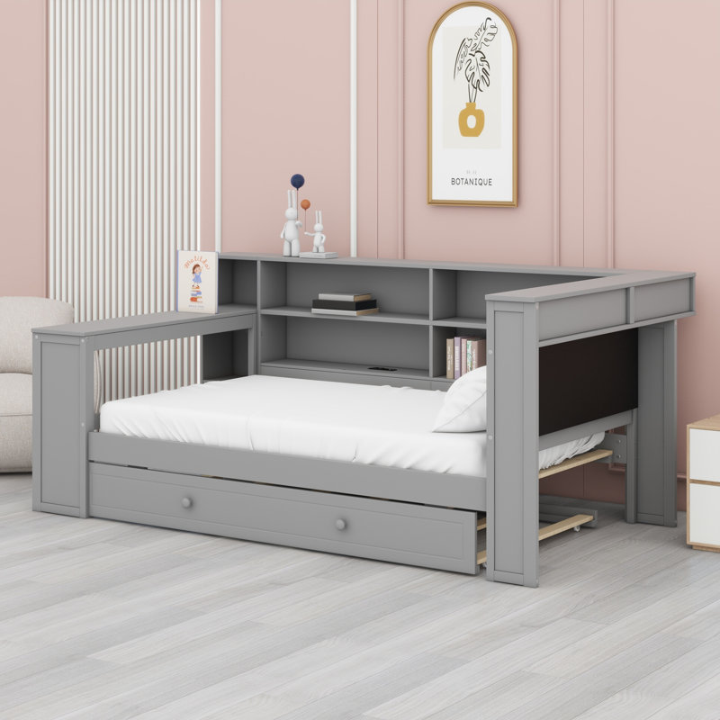 Upholstered Headboard Bed with Trundle, Storage Shelves, Desk & Charging Station, Grey+ Grey Cushion