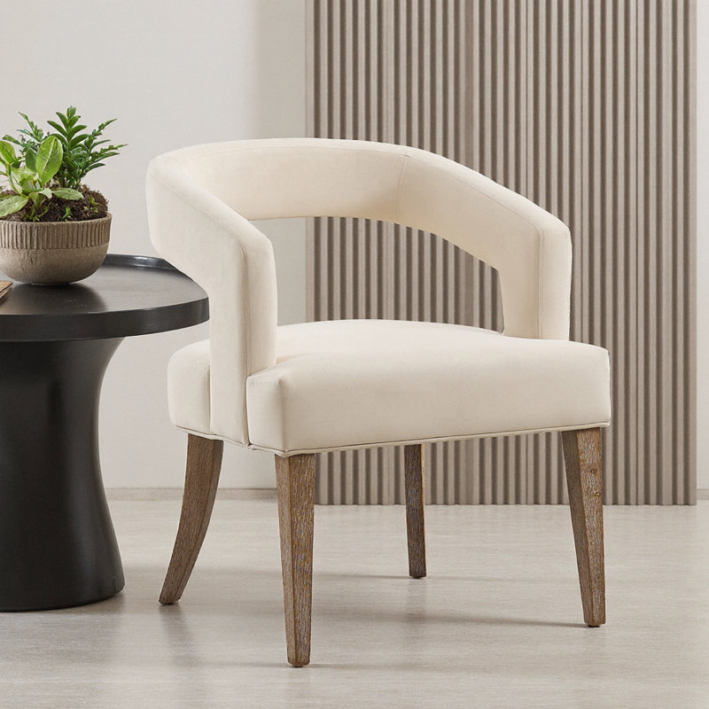 Fauteuil d'appoint moderne en velours beige avec pieds en bois patiné pour la salle à manger, le salon et la cuisine, Beige