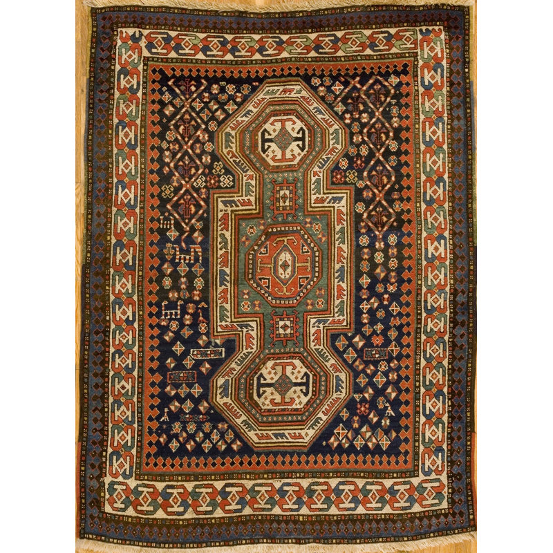 Hand Knotted Wool Pile Antique Caucasian Tribal Geometric Keyhole Design Rug