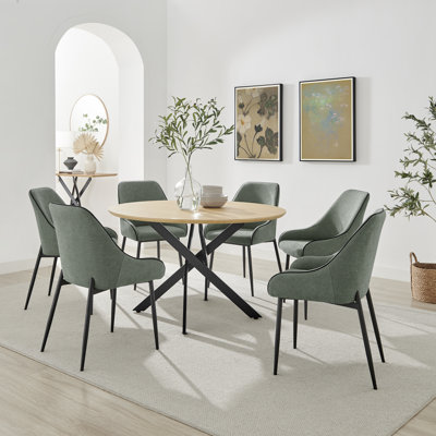 Hadlow Veneer & Metal Round Dining Table With Ophelia Fabric Chairs - Modern Statement Design