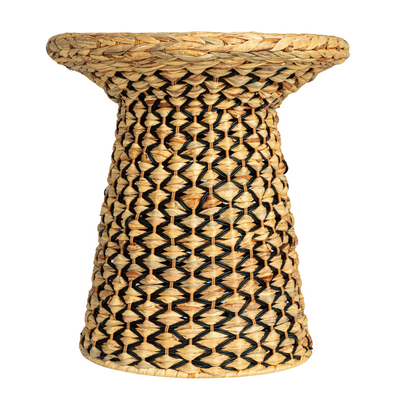 Braided Water Hyacinth And Black Resin Geometric Side Table