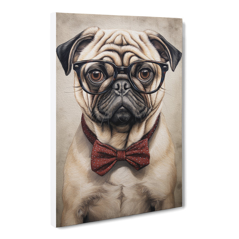 Pug with Glasses Painting - Wrapped Canvas, 60cm H x 40cm W x 3cm D