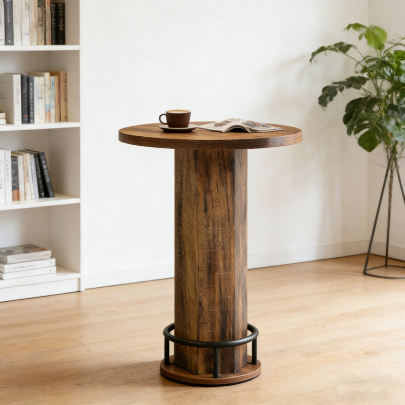 Table de bar ronde rustique en bois aggloméré industriel avec anneau repose-pieds en métal et colonne en faux grain de bois, pour bar, restaurant ou salon à la maison