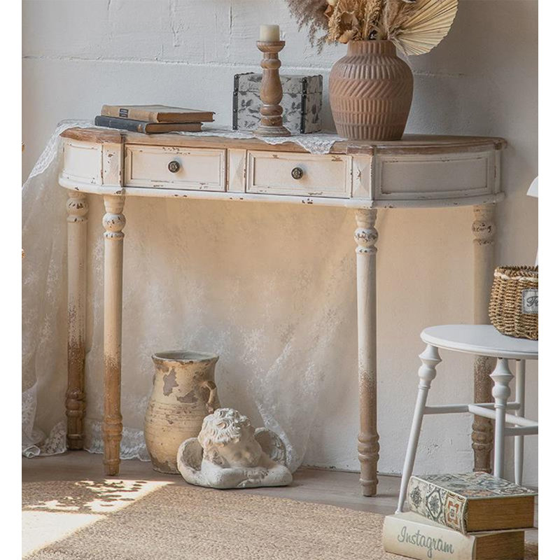 Console courbée de style antique avec plateau en bois rustique