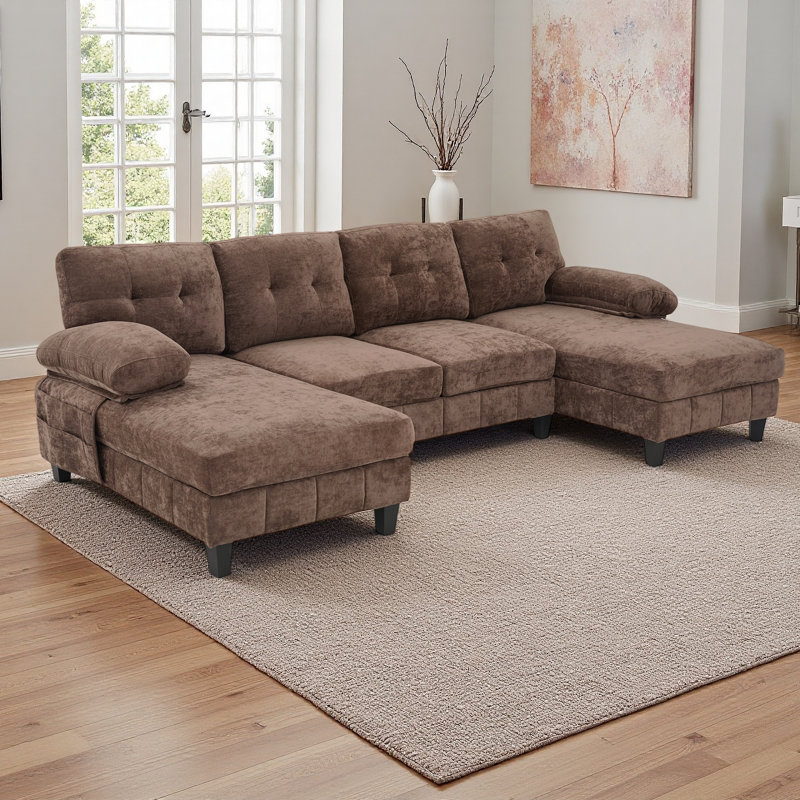 Canapé modulaire en U de 103,5 po avec méridiennes doubles - tissu chenille, poches de rangement, dossier capitonné et coussins d'accoudoirs