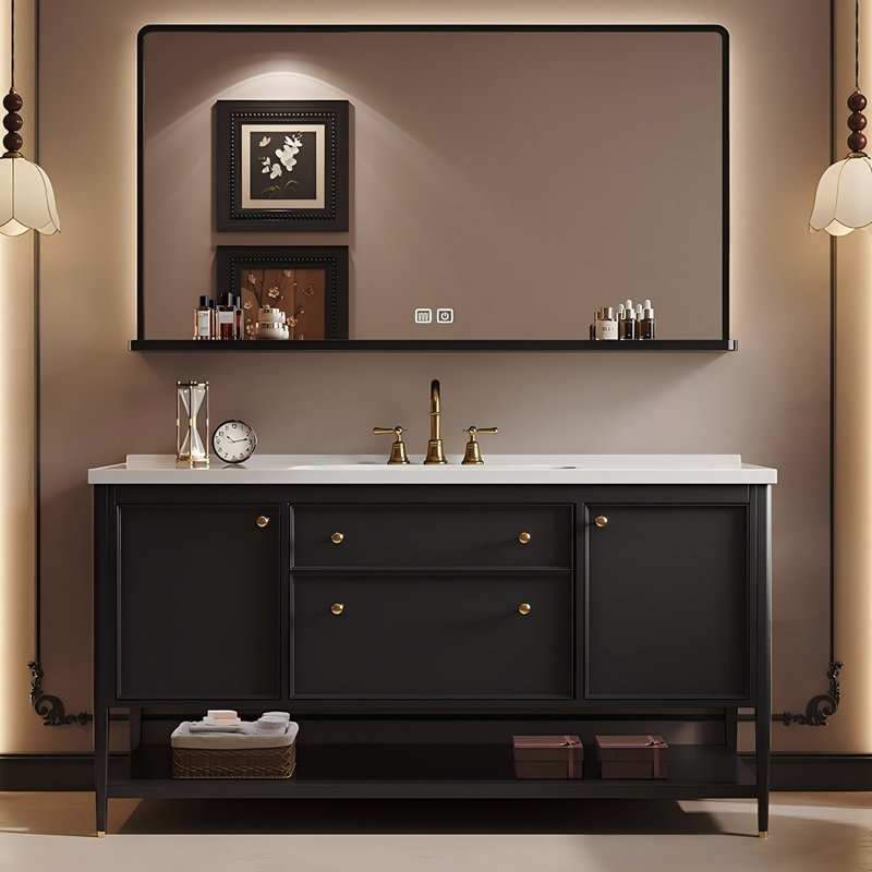 Meuble-lavabo autoportant en bois d'hévéa noir et blanc de 47,24 po avec miroir intelligent, 47"