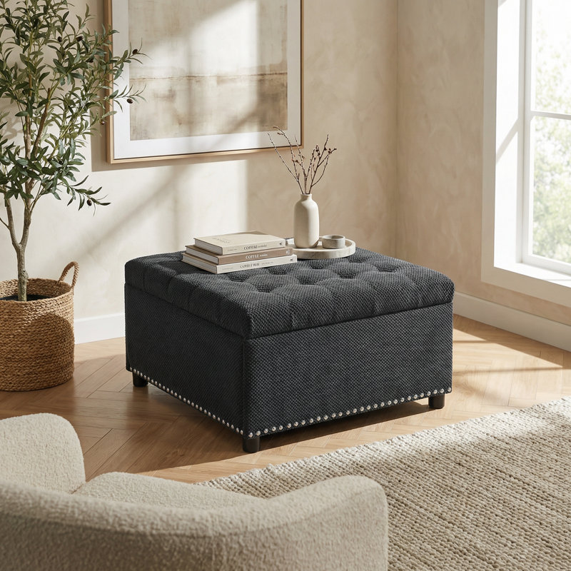 Elegant Tufted Square Storage Ottoman with Hidden Compartment and Nailhead Trim Accent for Living Room, Bedroom, or Home Office