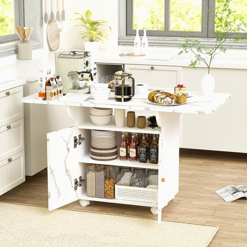 47" Wood Folding Dining Table With Storage Rack And Cabinet, Removable Entryway Table With 6 Wheels, White Marble Kitchen Island, Side Table And Coffee Table Versatile Table Space Saving