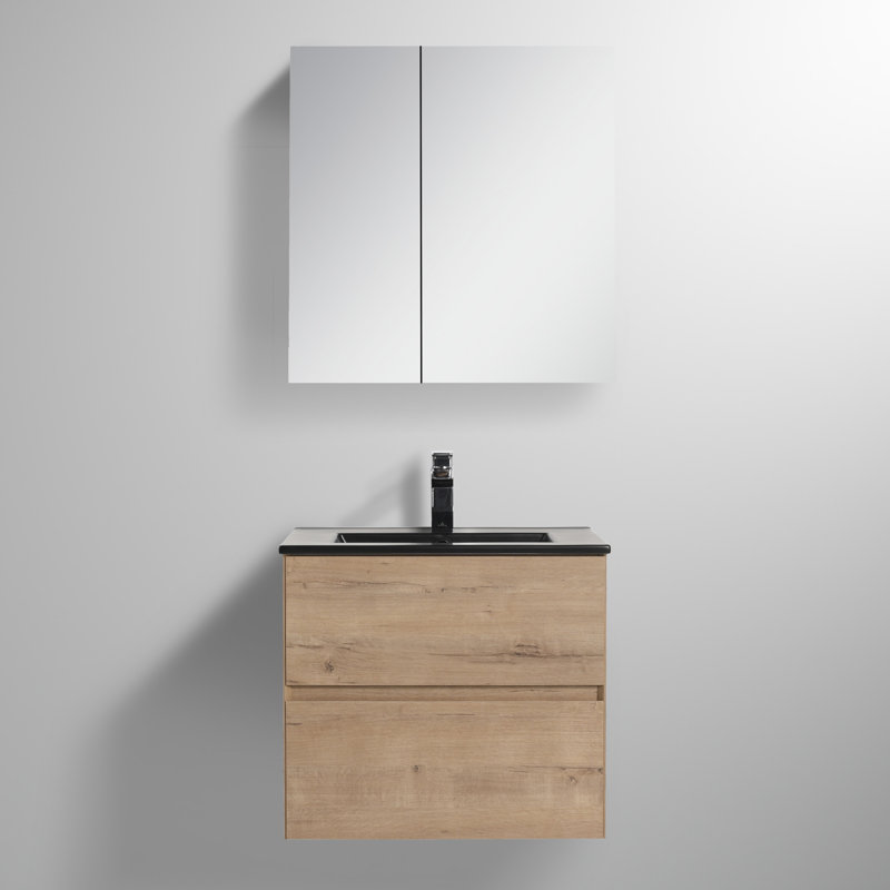 Meuble-lavabo flottant avec lavabo mural Annedoris, Noir, noir, noir, noir, Chêne classique