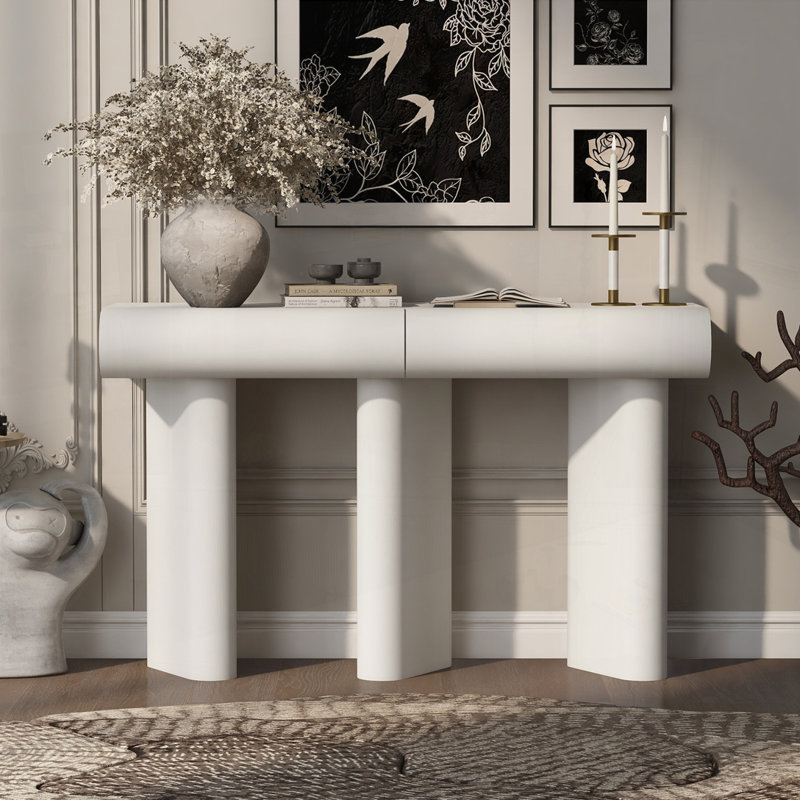 console avec 2 tiroirs courbés et pieds géométriques, Blanc