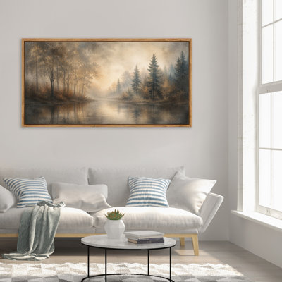 Misty autumn forest reflected in river Framed Wall Art, Ready to Hang, 60 x 30 Inches