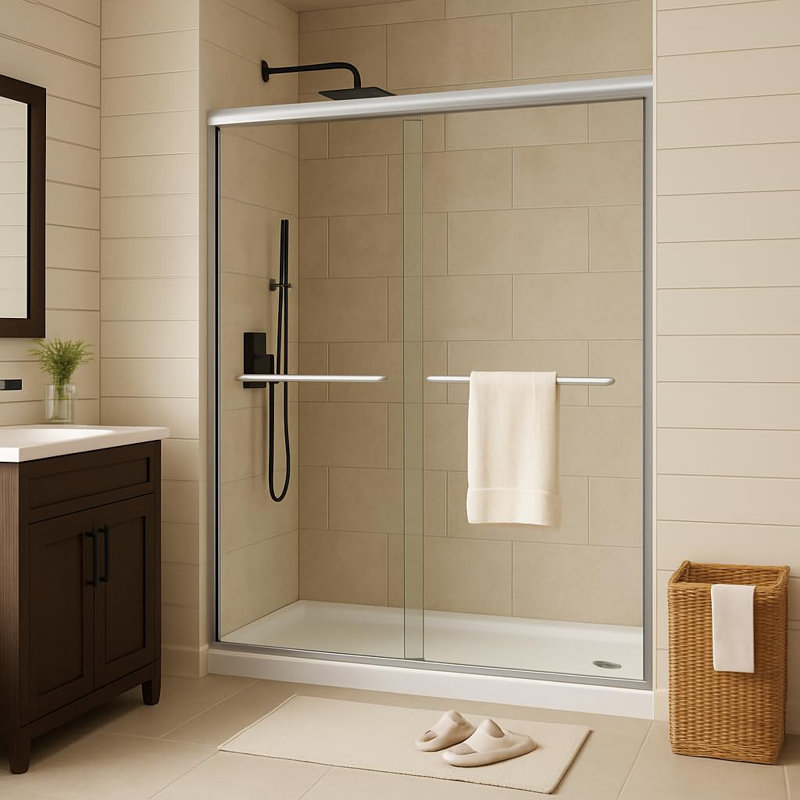 Porte de douche coulissante double pour baignoire, 112-122 cm (L) x 183 cm (H), avec cadre en aluminium argenté brossé et verre trempé de 6 mm, revêtement facile à nettoyer.