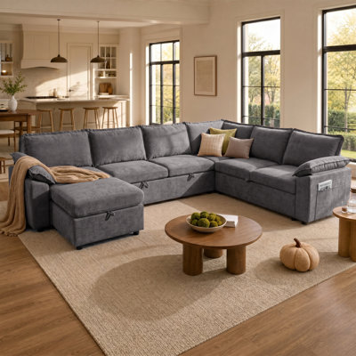 Comerford Sectional Sleeper Sofa With Pull Out Bed, L-Shaped Modular Sectional Sofa  With Storage, Cloud Couch With Deep Seat, Chenille, Light Gray
