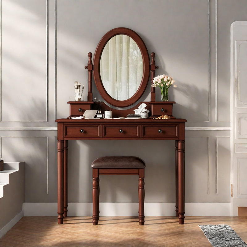 Bureau de coiffeuse avec miroir à angle réglable, tabouret rembourré et 5 tiroirs, Noyer