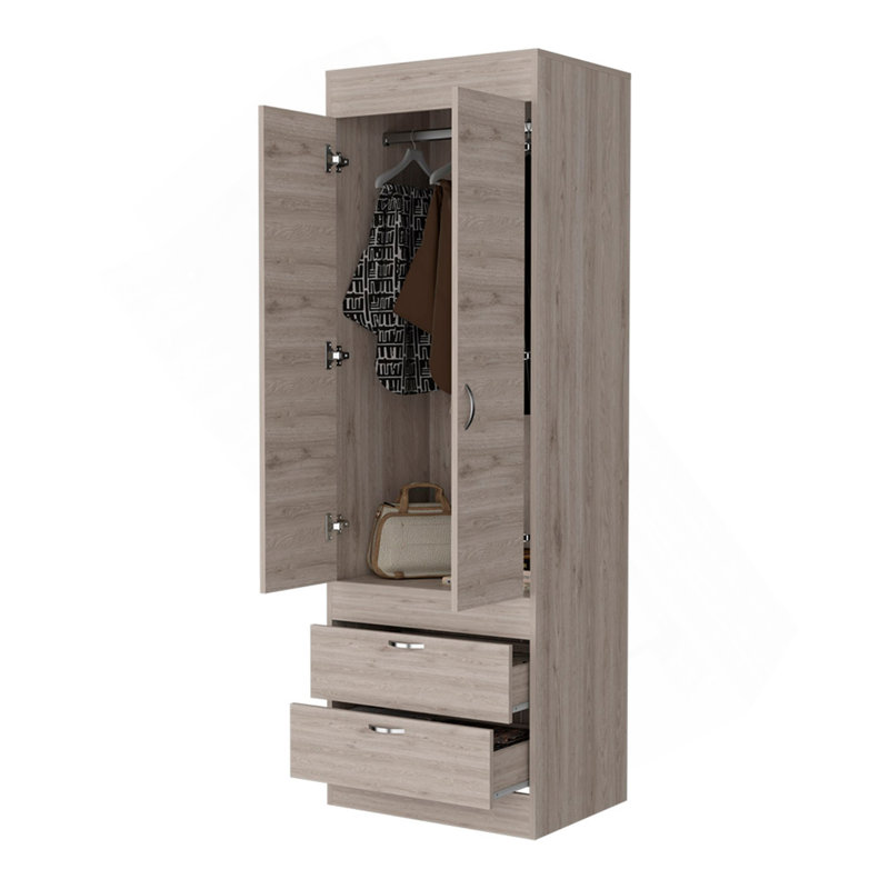 Armoire Alabama, une grande armoire, deux tiroirs, Gris clair