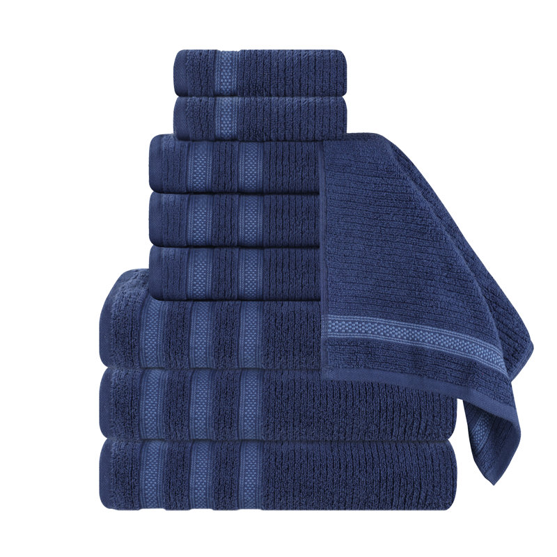 Orley Zero Twist Cotton Ribbed Modern Geometric Border Soft Highly-Absorbent Assorted 9 Piece Bathroom Towel Set, Navy Blue