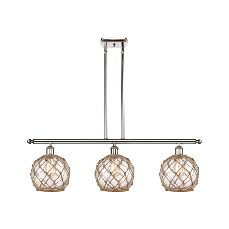 Luminaire suspendu linéaire à 3 lumières pour îlot de cuisine Hildebrandt Farmhouse, Verre blanc avec corde blanche