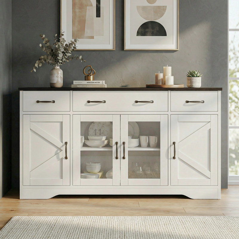 55" Sideboard With 3 Drawers, 4 Doors, Adjustable Shelf