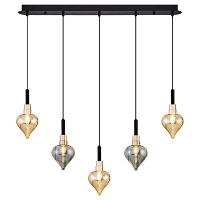 Superbe lustre gris et ambre, corps en métal assemblé, 35,4 x 5,9 x 47,2 pouces | 5 x douilles E14 de 40 W, indice de protection IP20 | Élégant luminaire pour le salon, la salle à manger et le vestibule, décoration intérieure moderne