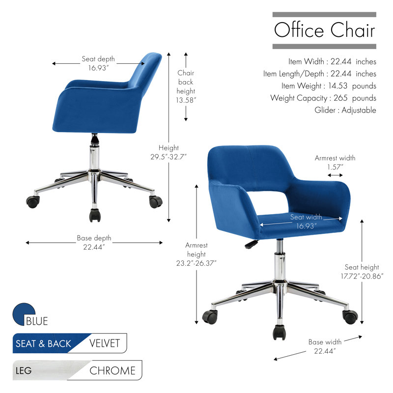 Chaise de bureau en velours Kai, Bleu