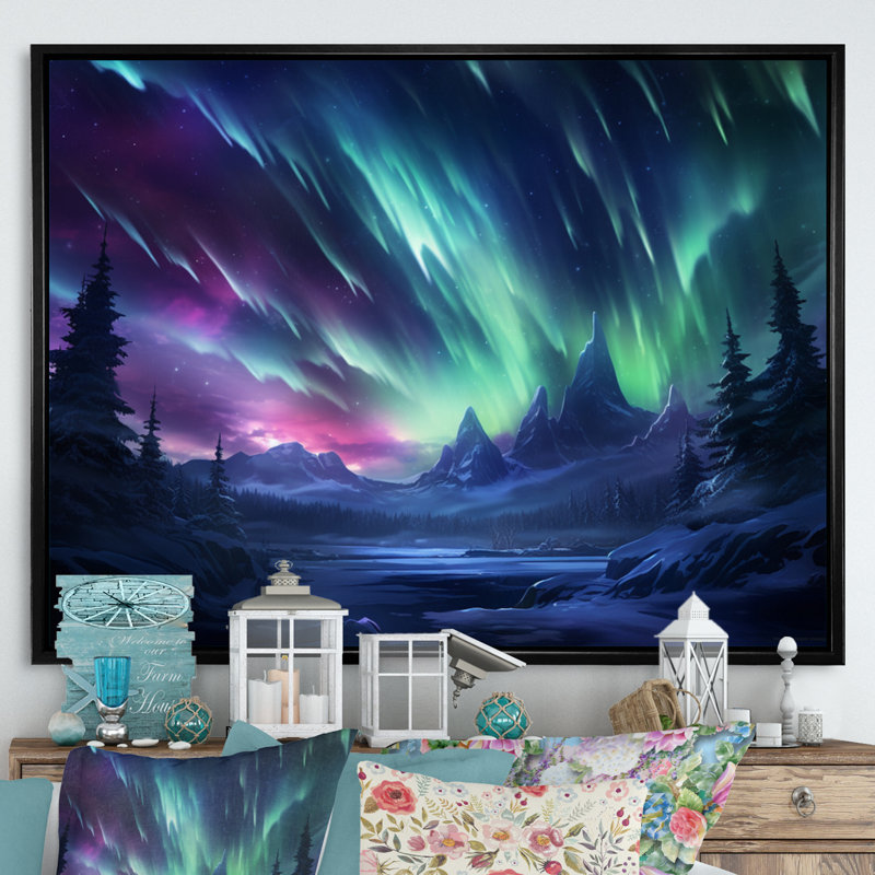 «Vibrant Northern Lights» sur toile, H 30 po x l 40 po, Cadre flottant noir