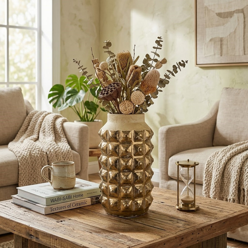 Vase de table, Or, H 12 po x l 6,5 po x P 6,5 po