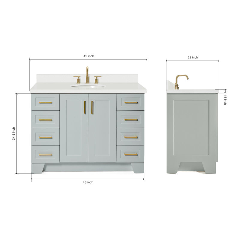 Freitas 48'' Solid Wood Single Bathroom Vanity, Oval, Gray, White Quartz