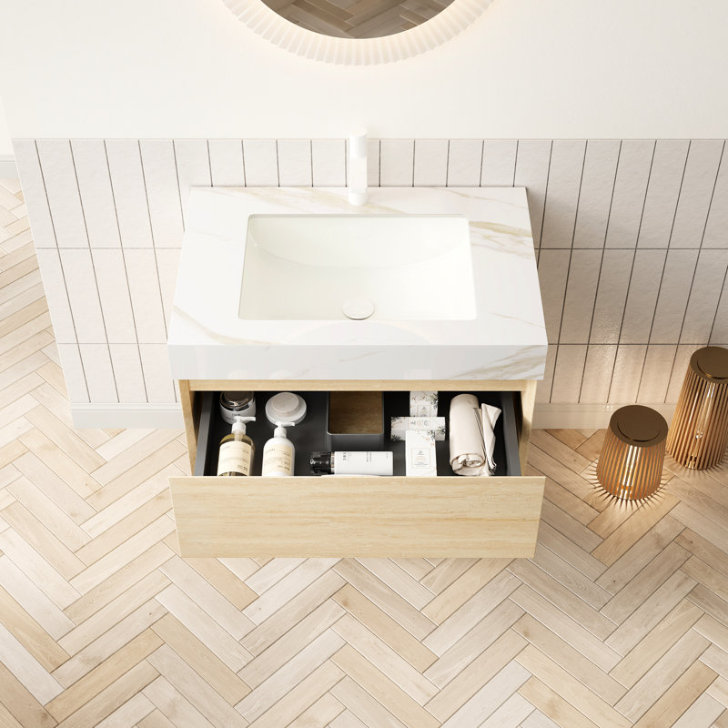 Meuble-lavabo suspendu de 76 cm avec lavabo en céramique, armoire de rangement en contreplaqué, tiroirs et étagères, éclairage DEL automatique, tablette supérieure en pierre frittée dorée, capteur DEL, lavabo encastré, surface