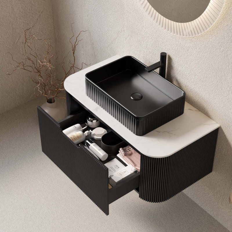 Wall Mounted Floating Bathroom Vanity with Sink Curved Edges Striped Storage Cabinet and Black Rectangular Ceramic Basin