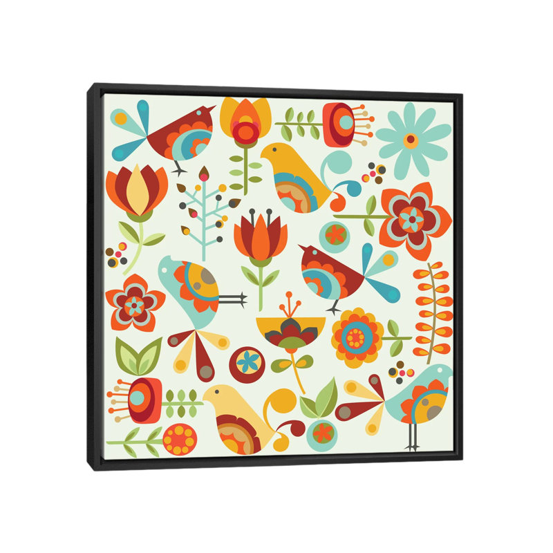 Folk Birds, impression sur toile tendue, H 37 po x l 37 po x P 1,5 po, Toile avec cadre noir