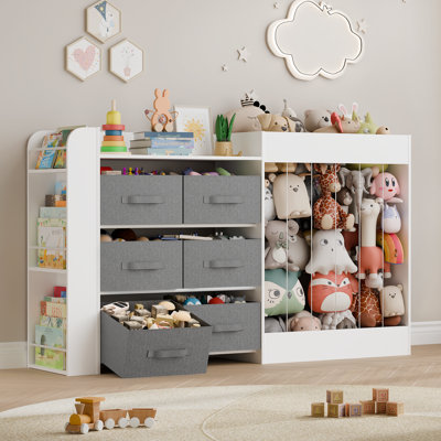 Rangement de jouets l 61,2 po, bibliothèque pour enfants avec 6 bacs de rangement en tissu, rangement pour animaux en peluche, casiers à 3 niveaux pour salle de jeux, chambre d'enfant, chambre de bébé (blanc)