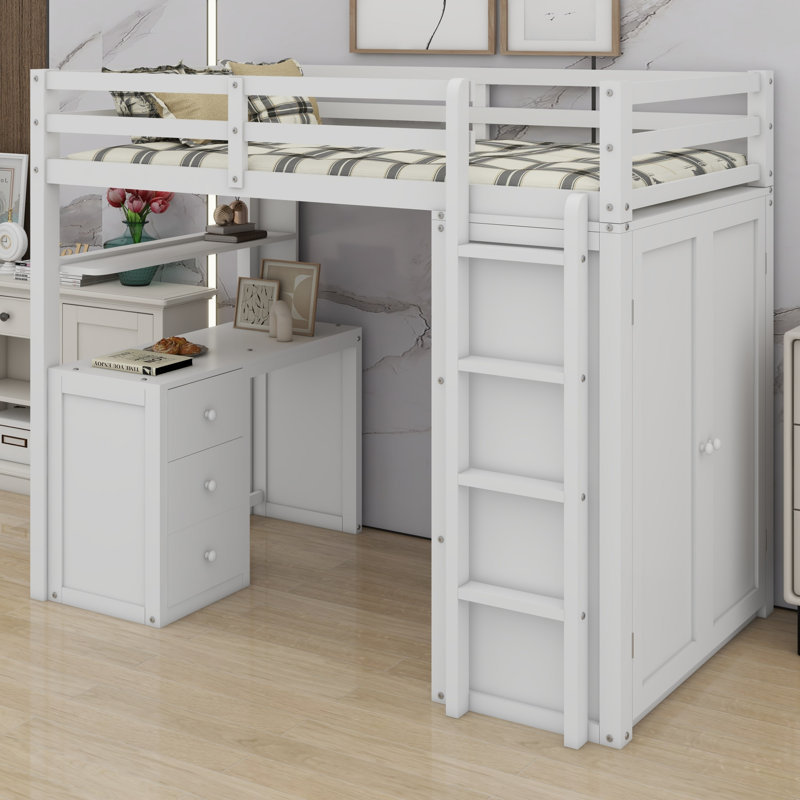 Lit mezzanine tout-en-un avec bureau intégré, tiroirs de rangement et garde-robe