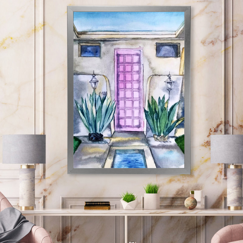 Porte rose de la maison tropicale - Peinture sur toile, H 40 po x l 30 po, Toile argentée avec cadre d'angle fermé