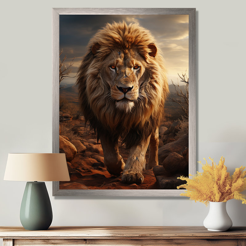 Moniet animal lion à Savan - impression, H 40 po x l 30 po x P 1,5 po, Cadre flottant brun