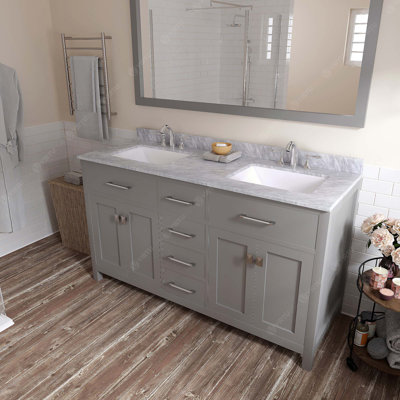 Caroline 60"" Double Bath Vanity In Gray With White Marble Top And Square Sinks -  Virtu USA, MD-2060-WMSQ-GR-NM