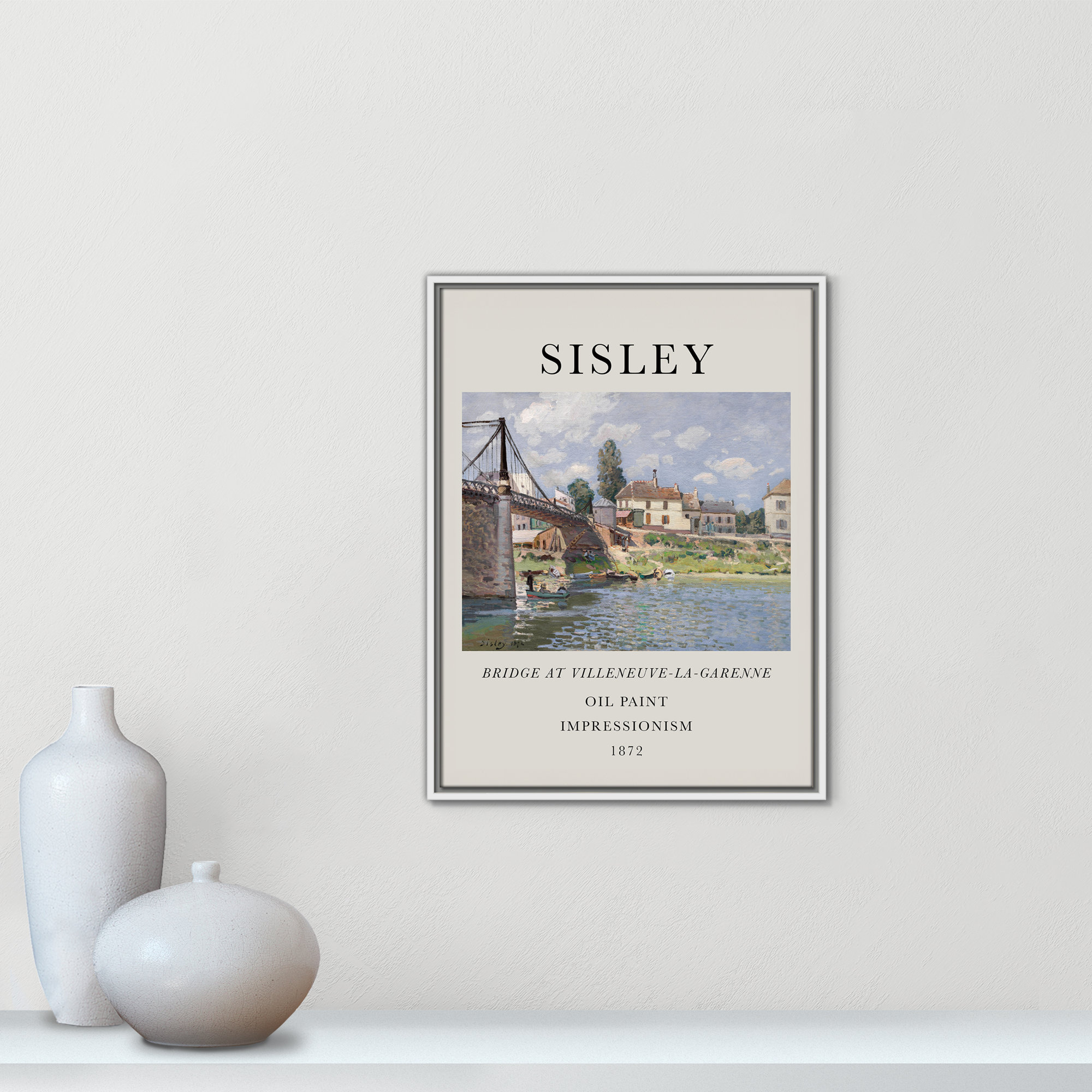Old Masters Collection " The Bridge At Villeneuve " by Alfred Sisley, White Floater Frame, No, 25.5" H x 19.5" W x 2" D