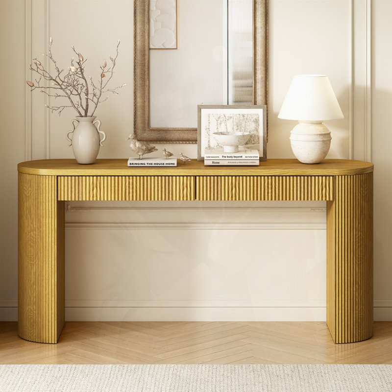 Console avec pieds rayés robustes et arqués, Bois naturel