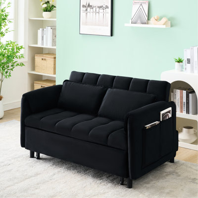 Lit en velours noir 3 en 1, confortable de 52 po et espace pour le salon, lit d'invité avec coussins de soutien du dos, poches de rangement, coussins modernes, coussins, confort accru
