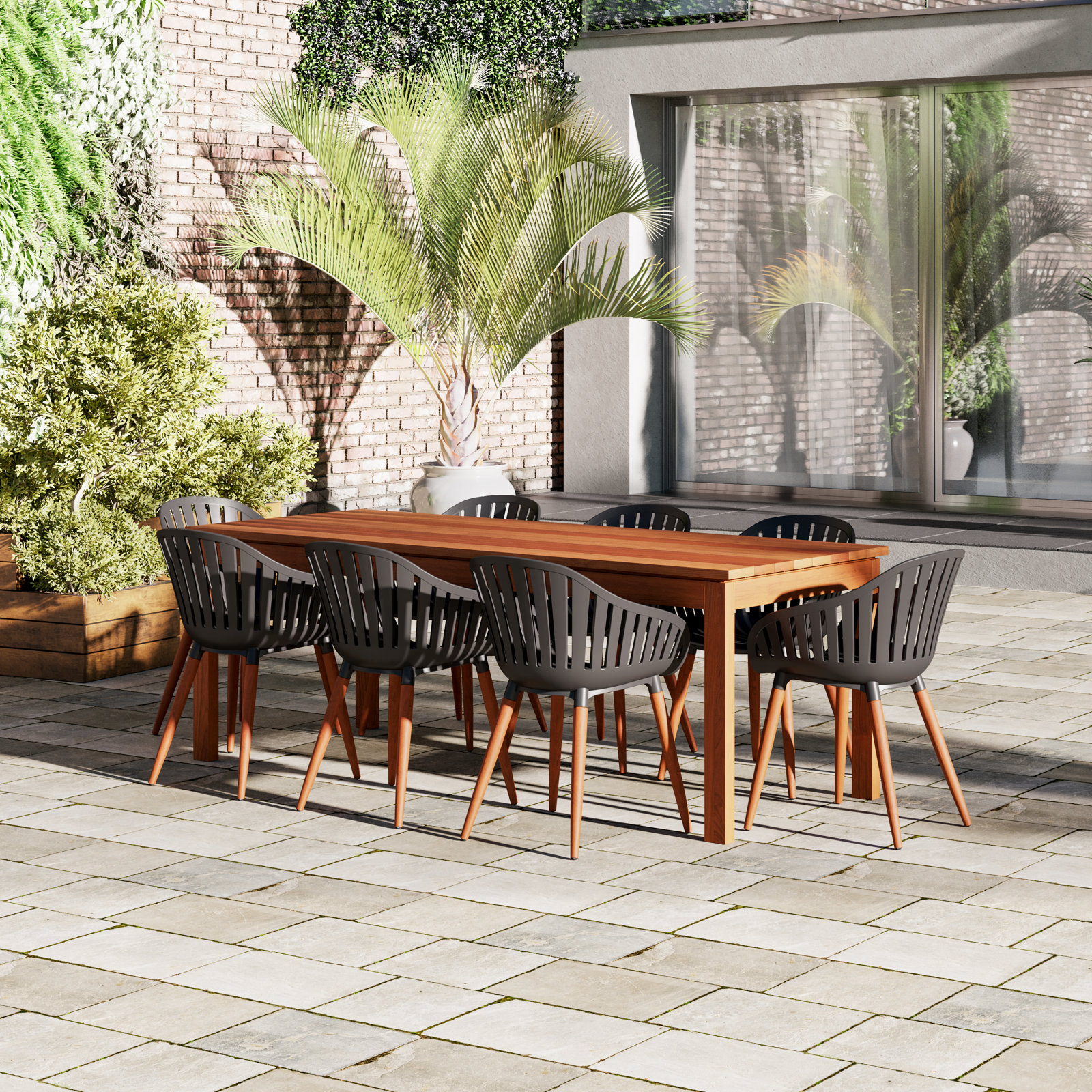 Anautica 83" Eucalyptus Patio Dining Set, Black/Brown