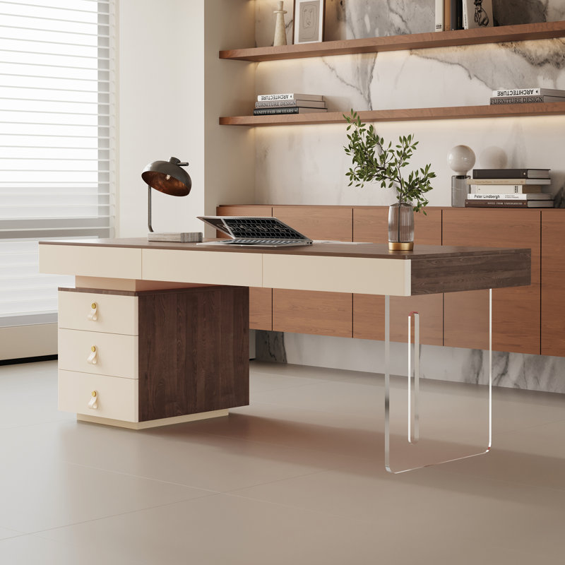 63" Acrylic and Metal Office Desk with Storage, Modern Executive Computer Workstation Design, Left