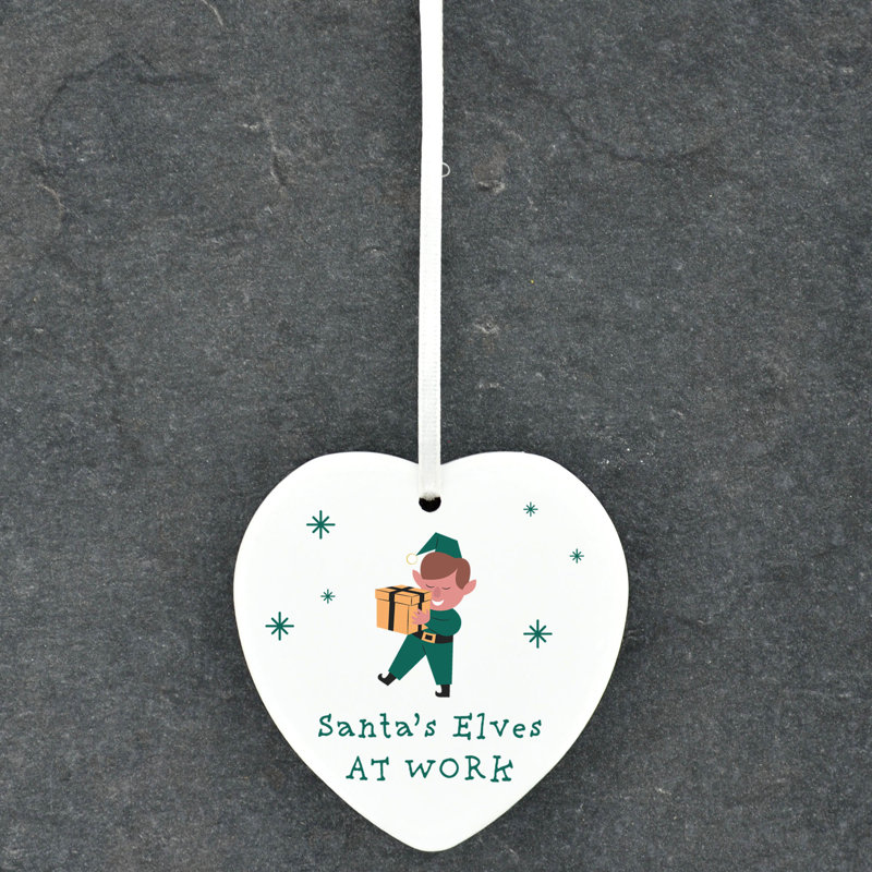 Carley Santa's Elves At Work Heart Shaped Ceramic Ornament