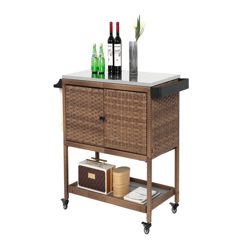 Outdoor Bar Cart, Rolling Wicker Bar Cart W/Storage Cabinet, Outdoor Bar Table With Wheels, Patio Kitchen Island Grill Cart W/Countertop, Brown