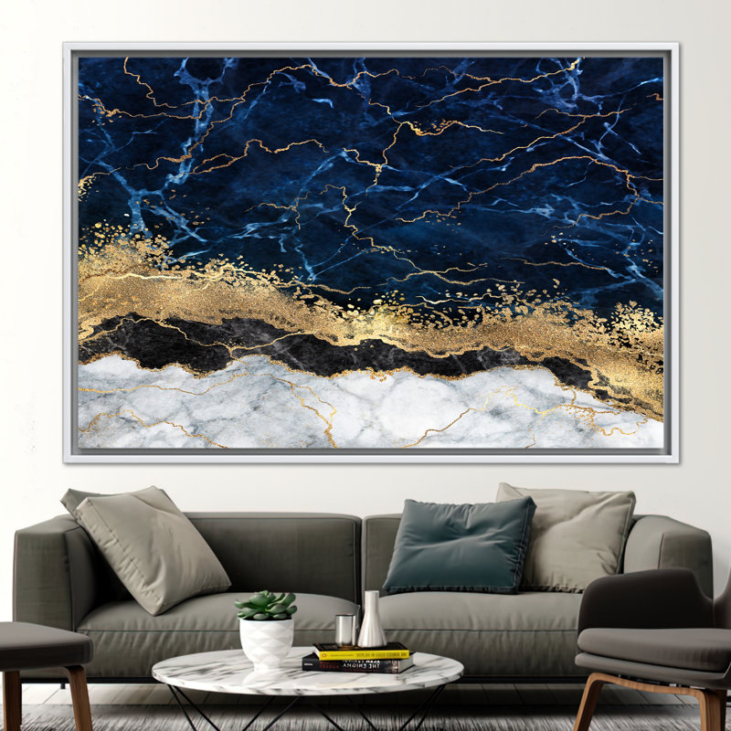 Œuvre d'art abstraite et moderne sur toile avec motif de marbre à l'encre alcool bleu marine et or, H 41 po x l 94 po, Blanc